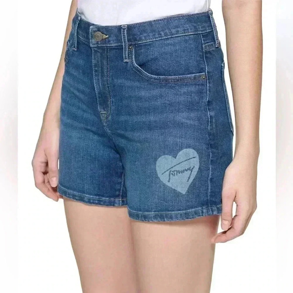 Tommy Hilfiger TH Flex Heart Logo Denim Shorts | Size 2 | Cute & Comfy 4" Inseam - Picture 1 of 6